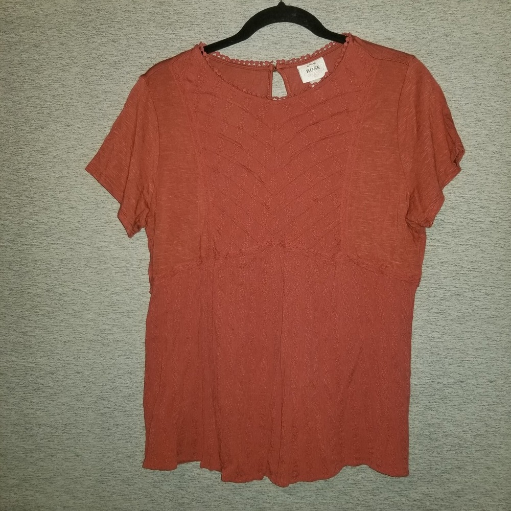 Knox Rose Short Sleeve Blouse Large Pintuck Top Rust Keyhole Closure Boho Shirt